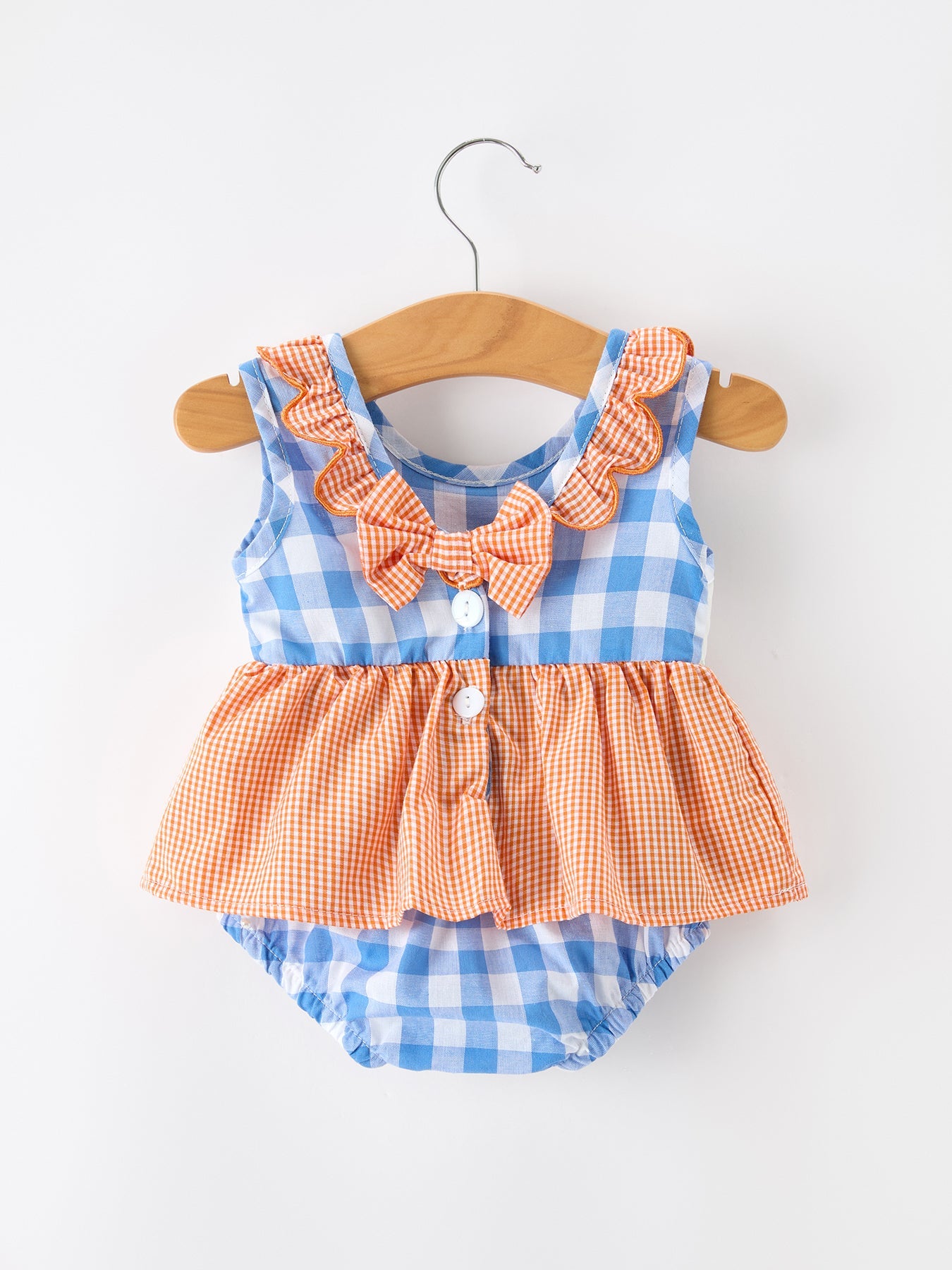 Summer Whale Embroidery Girls Romper Plaid Ruffle Collar