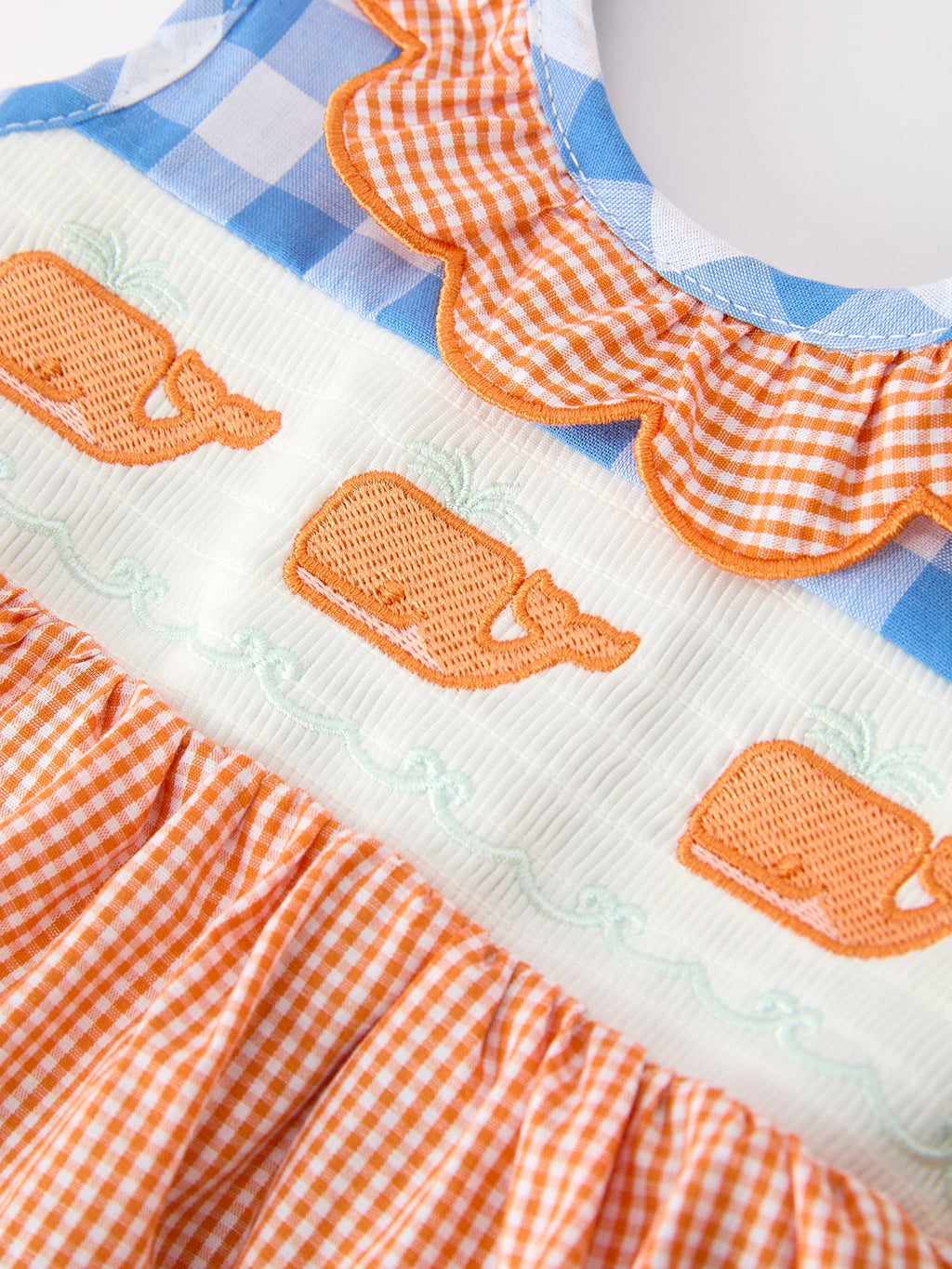Summer Whale Embroidery Girls Romper Plaid Ruffle Collar