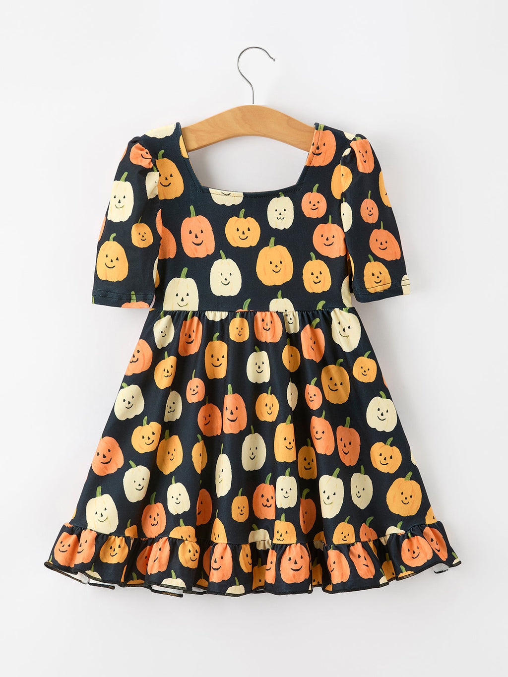 Halloween Pumpkin Print Square Neck Girls Dress