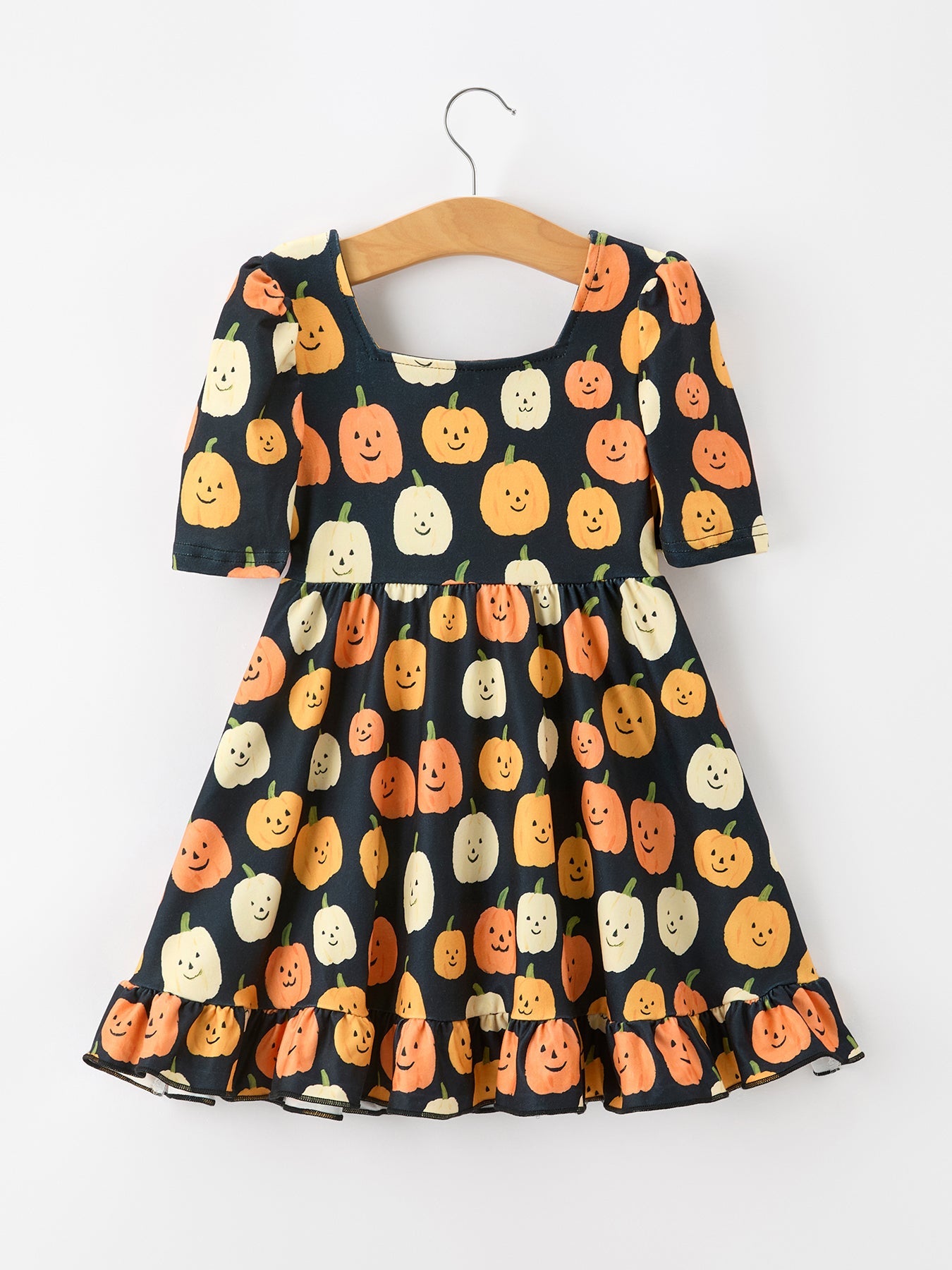Halloween Pumpkin Print Square Neck Girls Dress