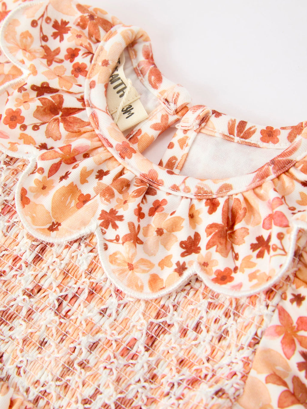 Fall Rust Floral Baby Romper Smocked Petal Collar