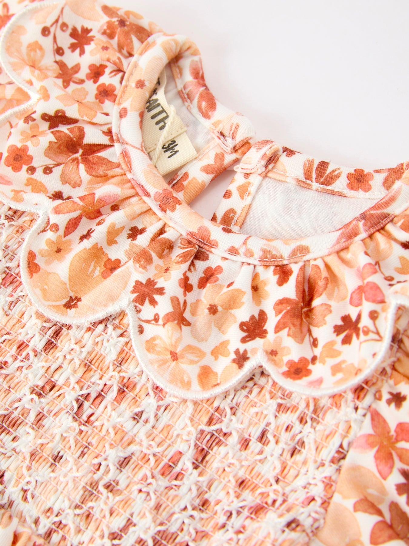 Fall Rust Floral Baby Romper Smocked Petal Collar