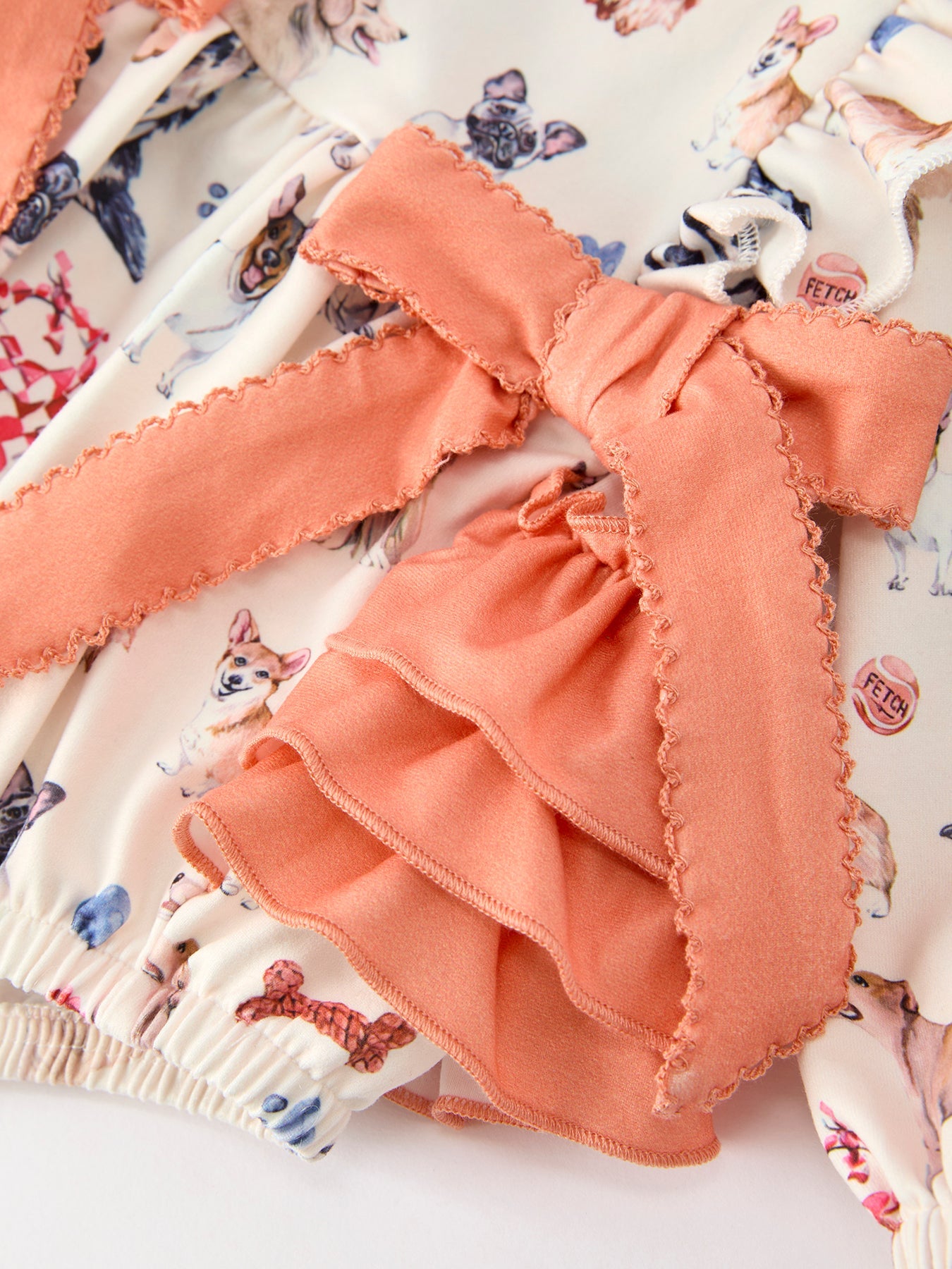 Fall Dog Print Girls Long Sleeve Ruffle Bow Romper