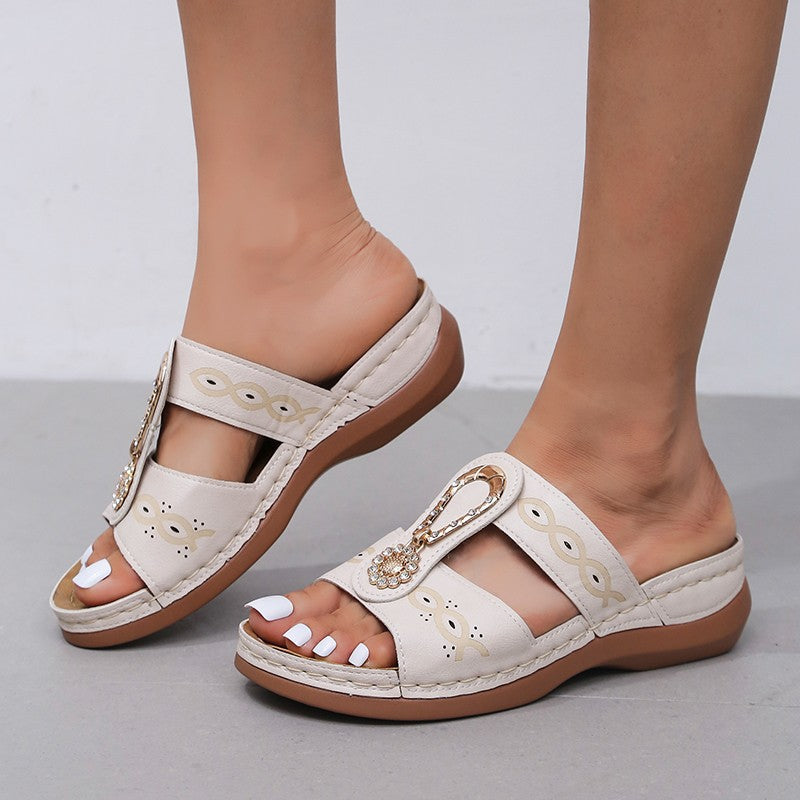 Plus Size Flat Wedge Heel Cutout Rhinestone Embroidered Ladies Sandals