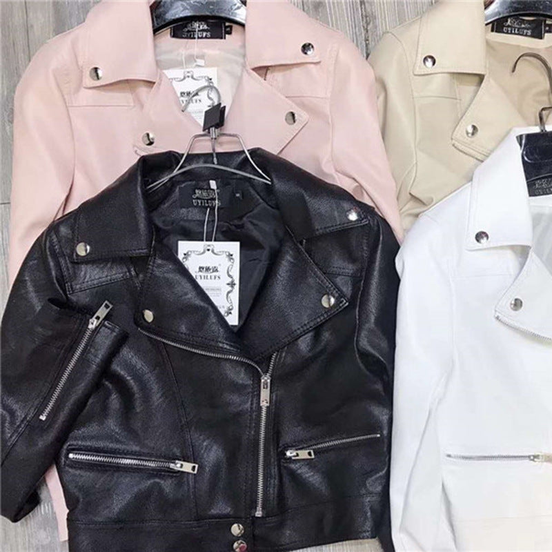 Motorcycle Leather Women's Short Slim Fit Plus Size Washed Leather Jacket