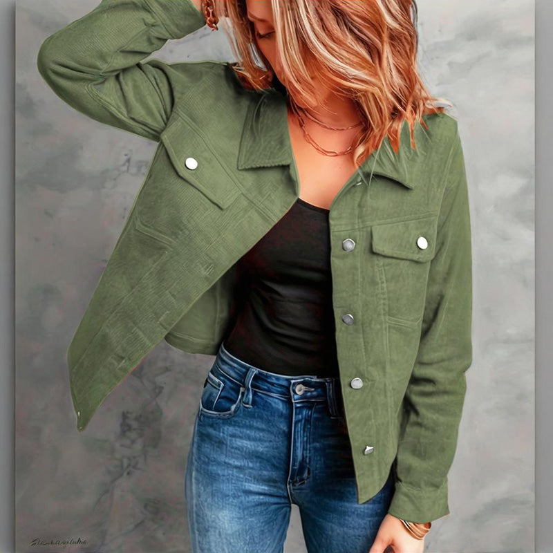 Women's Corduroy Long Sleeve Jacket - Casual Button-Up Coat With Flap Pockets
