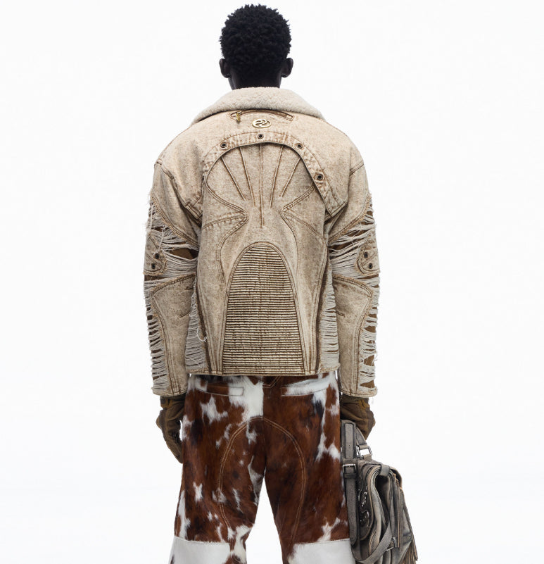 Ravaged And Distressed Apricot Lambswool Denim Jacket