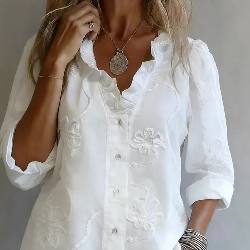 Women's Lace Print Cotton Linen Blouse