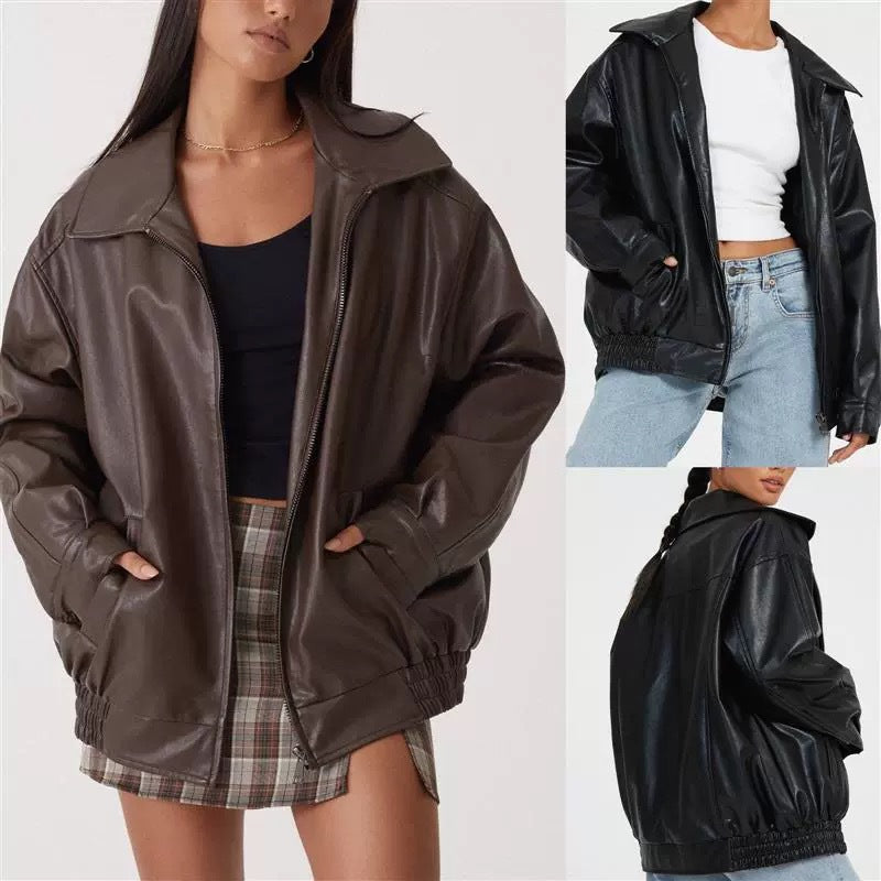Spring And Autumn European And American Leather Jacket Locomotive Style Loose Top Coat Women