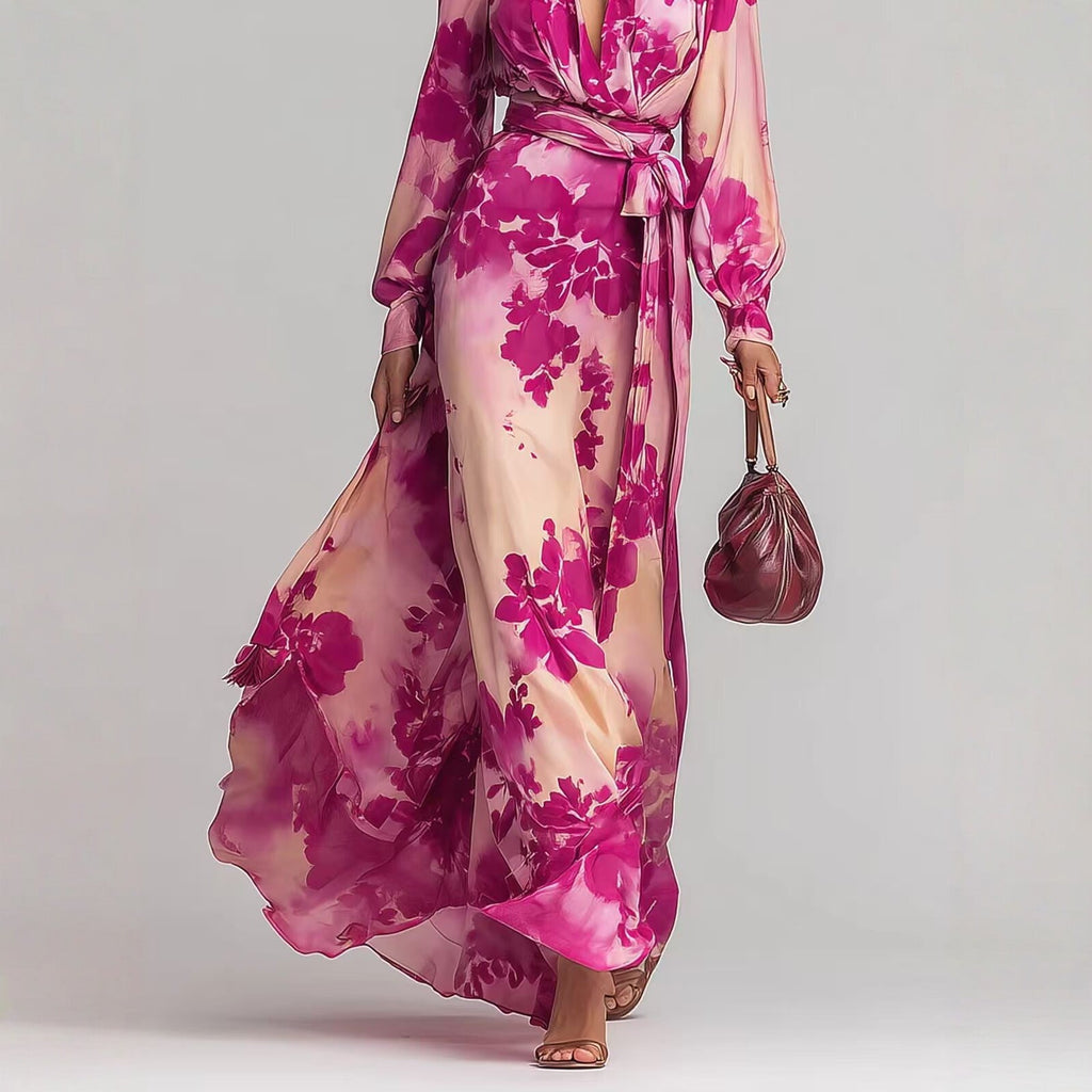Women's Printed Chiffon Long Sleeve V-Neck Tie-Up Maxi Dress — Floral Fairy Dress