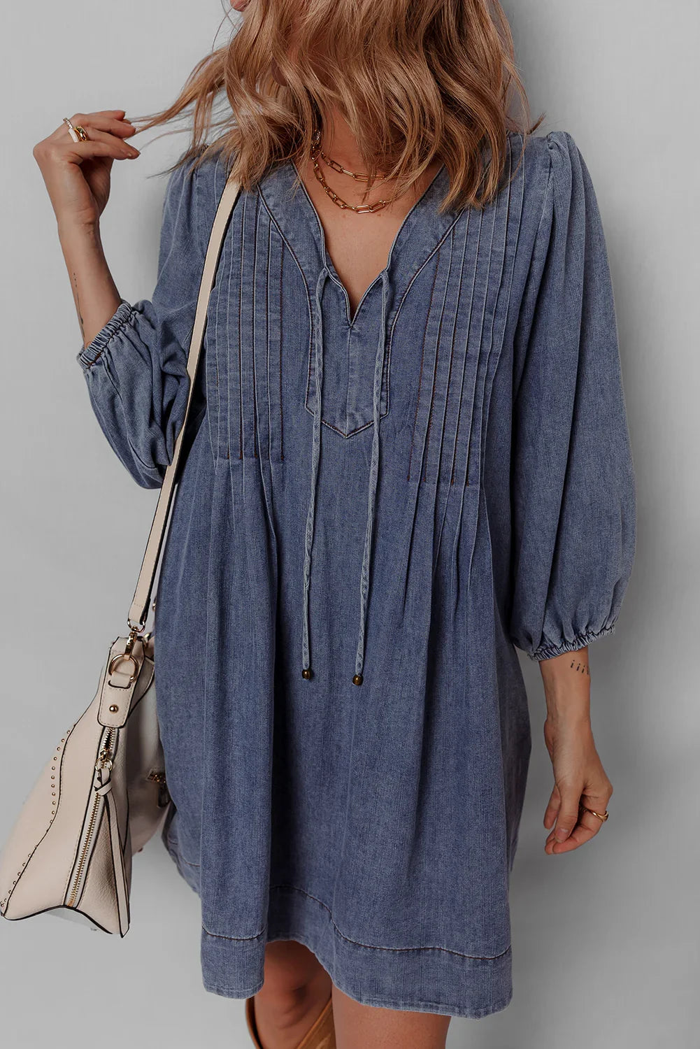 Sail Blue Pleated V Neck 3/4 Sleeve Denim Mini Dress
