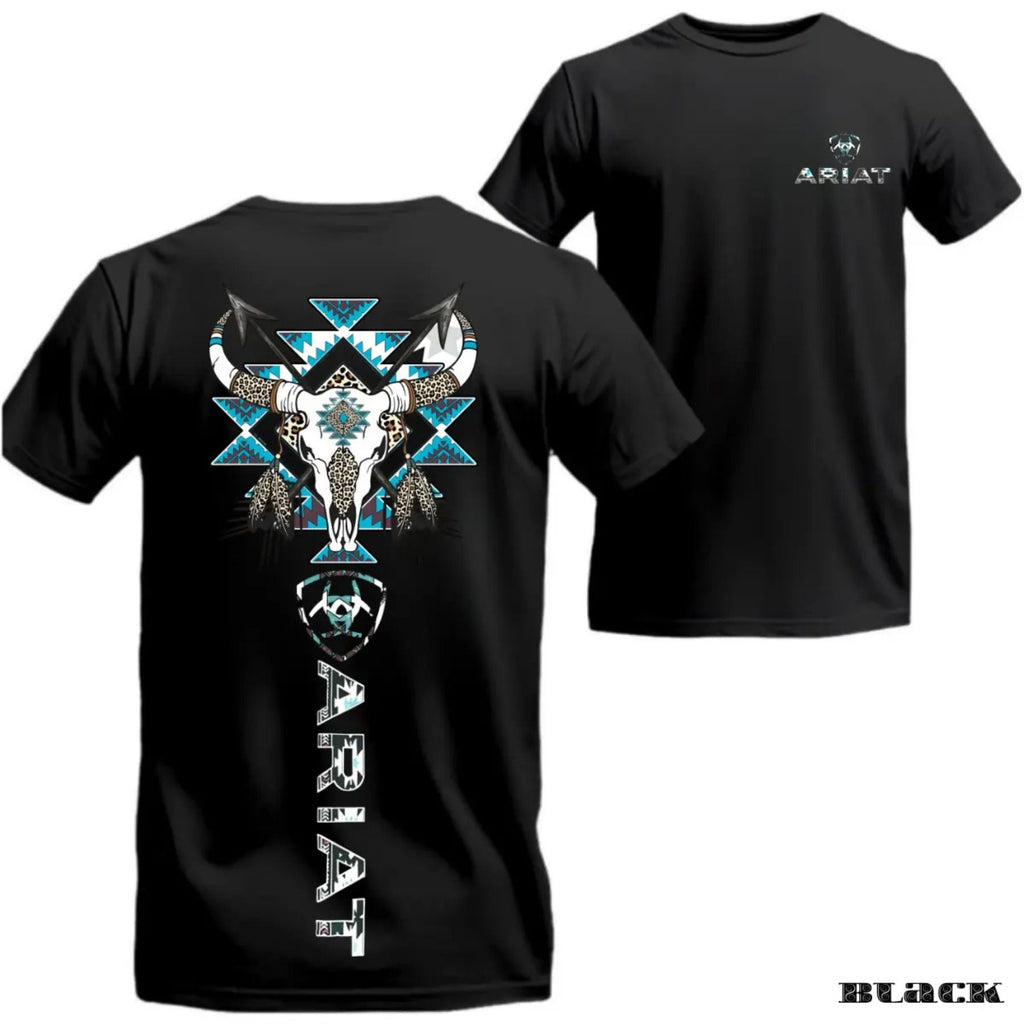 Ariat Western Bull Skull T-Shirt - Tribal Graphic with Turquoise Accents, Rodeo Style Gift Tee