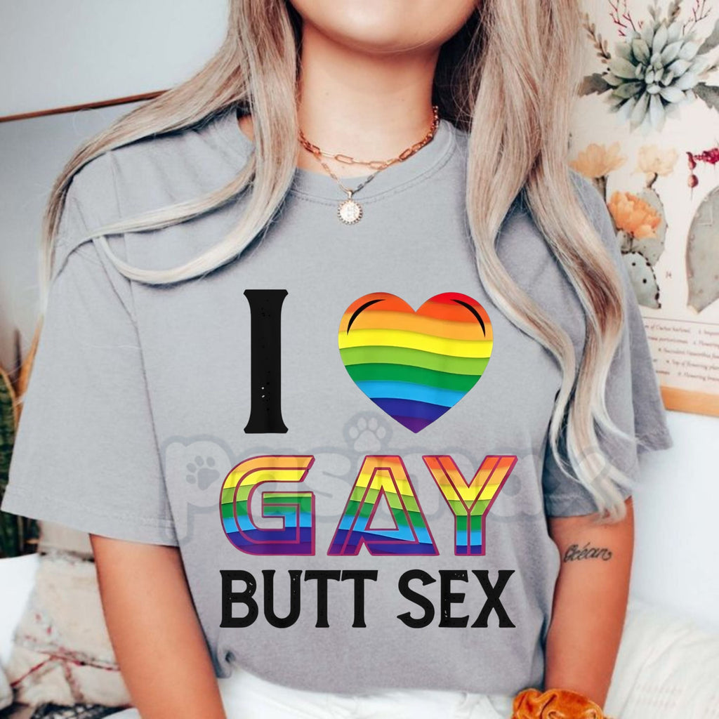 "I Love Gay Butt Sex" Rainbow Heart T-Shirt - Explicit Adult Homosexual Pride Tee, Funny Gay Slogan Apparel, Provocative LGBTQ+ Humor Shirt