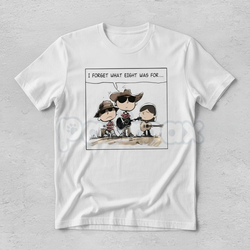 "I FORGET WHAT EIGHT WAS FOR" Funny Cartoon Cowboy Band T-Shirt - Absurdist Quote Meme Tee, Western Humor Statement Shirt, Niche Comedy Apparel