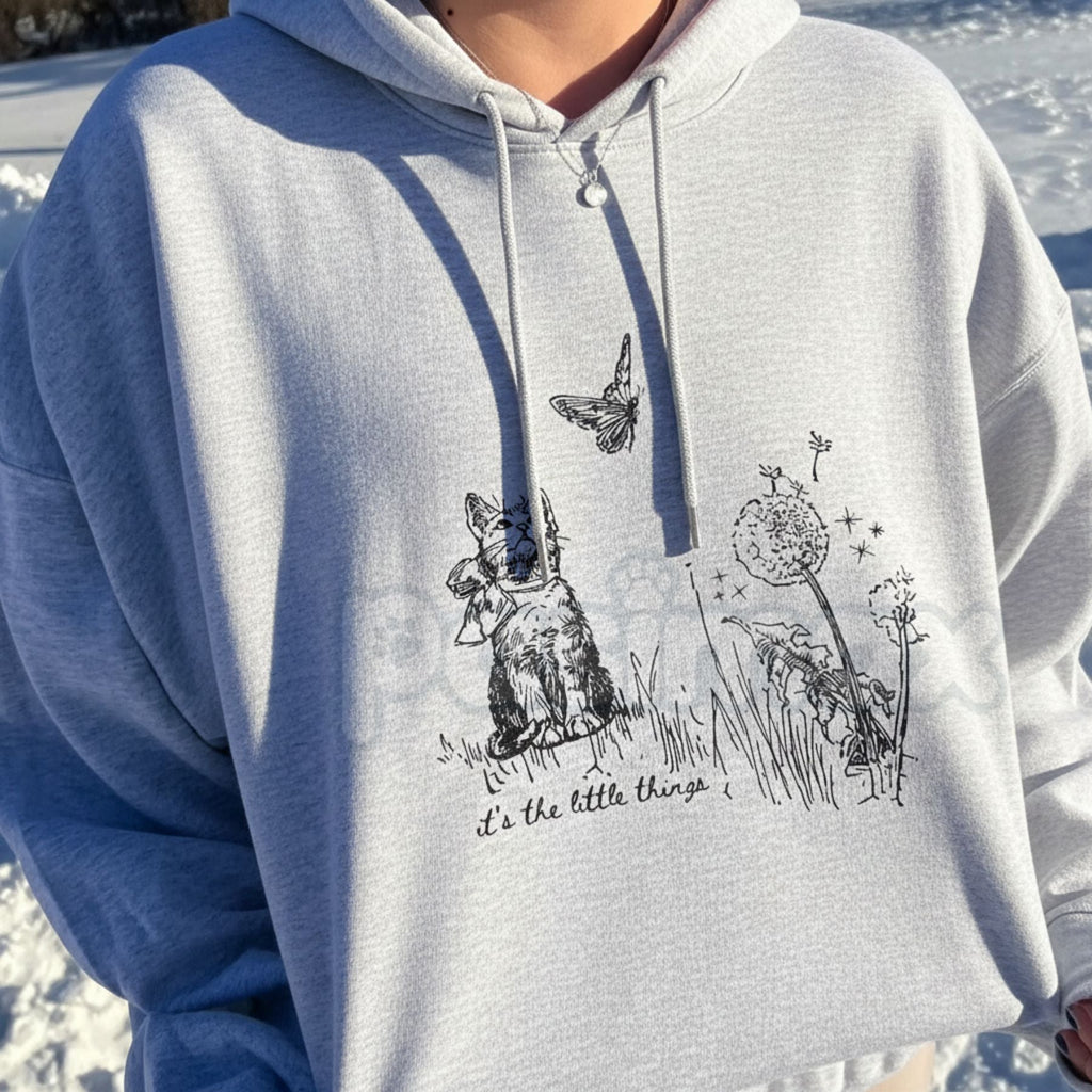 "Enjoy The Little Things" Cute Cat & Nature Hoodie – Whimsical Aesthetic Pullover, Cozy Cat Lover Streetwear, Unisex Nature-Inspired Sweatshirt