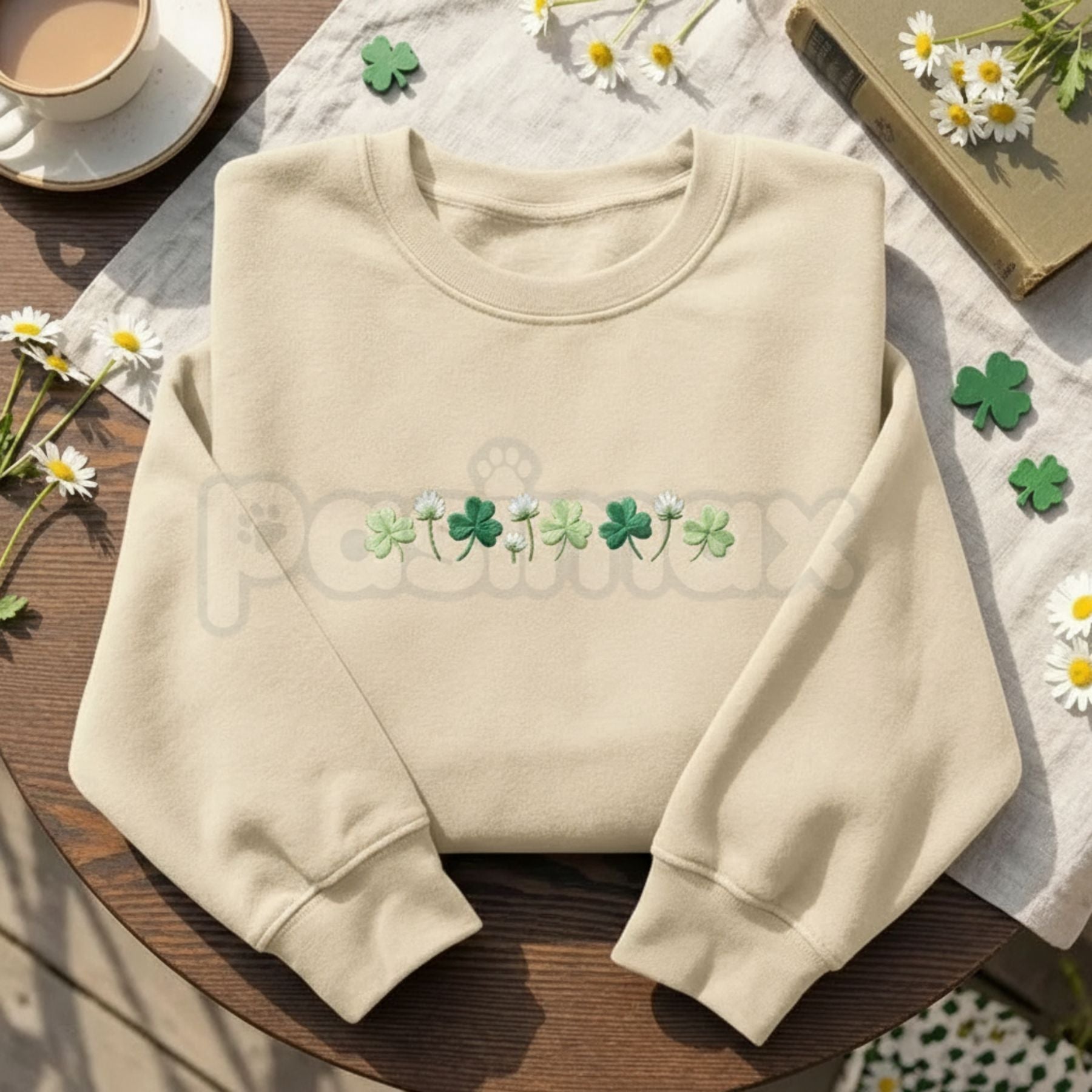 Embroidered Shamrock Meadow Crewneck – St. Patrick’s Day Lucky Four-Leaf Flower Sweatshirt