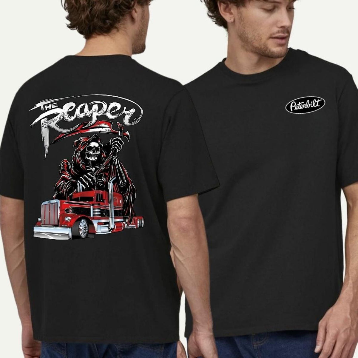The Reaper Peterbilt Truck T-Shirt - Two-Sided Red Skull Graphic, Patriotic USA Trucker Tee