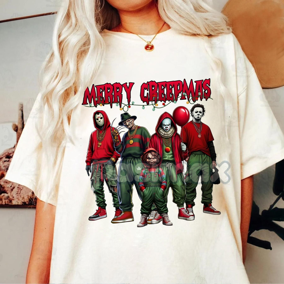 Merry Creepmas T-Shirt - Christmas Halloween Movies Characters Tee, Chibi Movie Characters Shirt