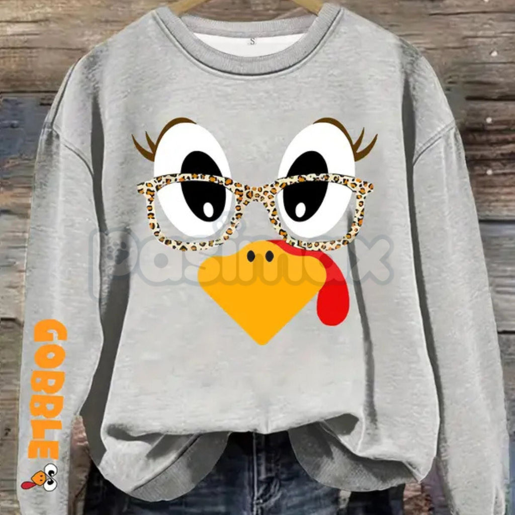 Women's Casual Thanksgiving Turkey Print Pullover Sweater – Cozy Holiday Crewneck