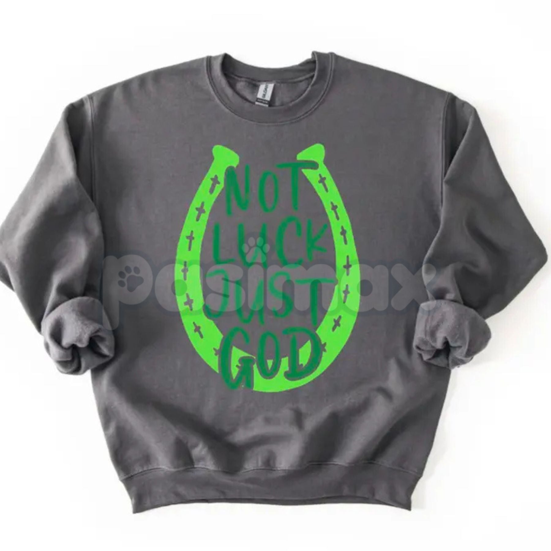 Not Luck Just God Horseshoe St. Patrick's Day Sweatshirt | Faith Over Luck Christian Shirt | Religious St. Paddy’s Day Crewneck | Western Faith Horseshoe Jumper | Aesthetic Christian St Patrick's Pullover | Lucky Horseshoe Faith Gift