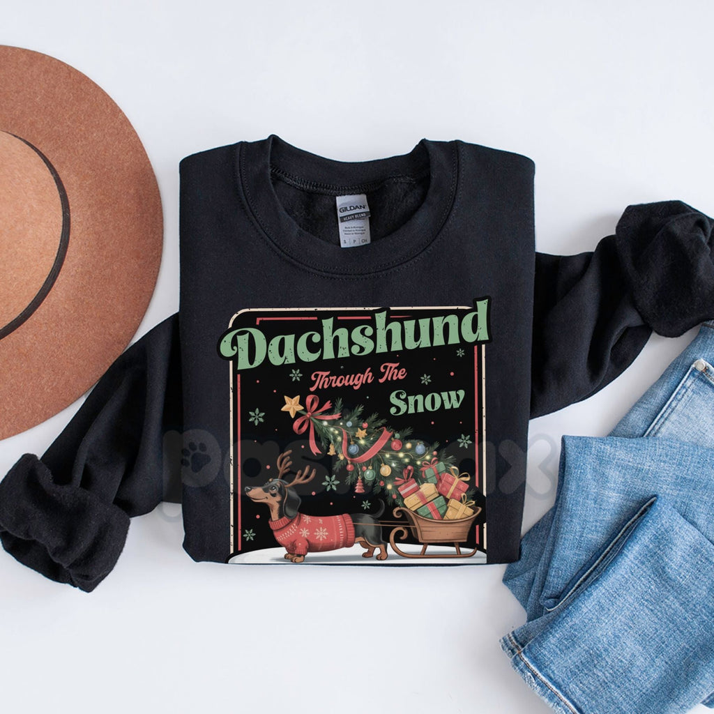 Dachshund Through The Snow Sweatshirt | Cute Dog Pun Christmas Crewneck | Wiener Dog Holiday Jumper | Festive Pet Lover Gift