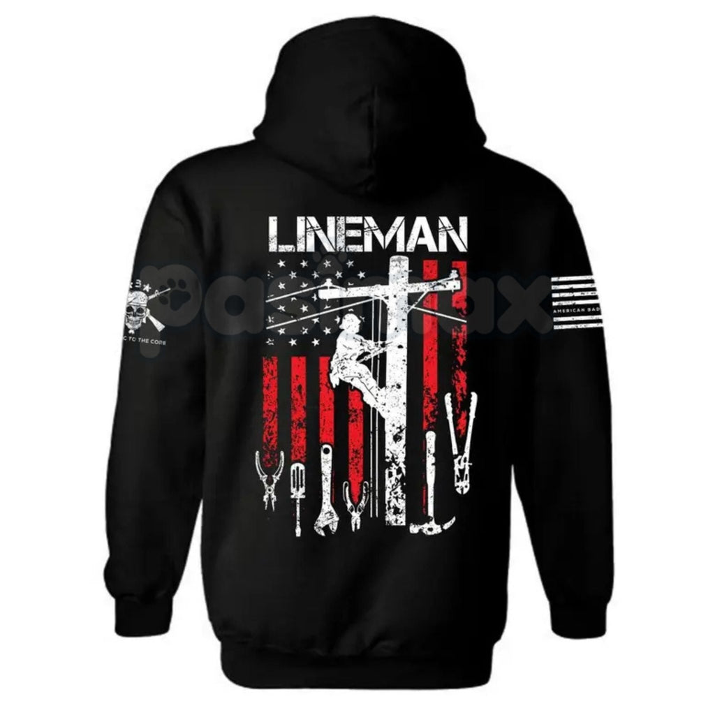 Patriotic American Flag Lineman Hoodie – USA Flag Work Pullover, Electric Lineworker Trade Apparel, Unisex