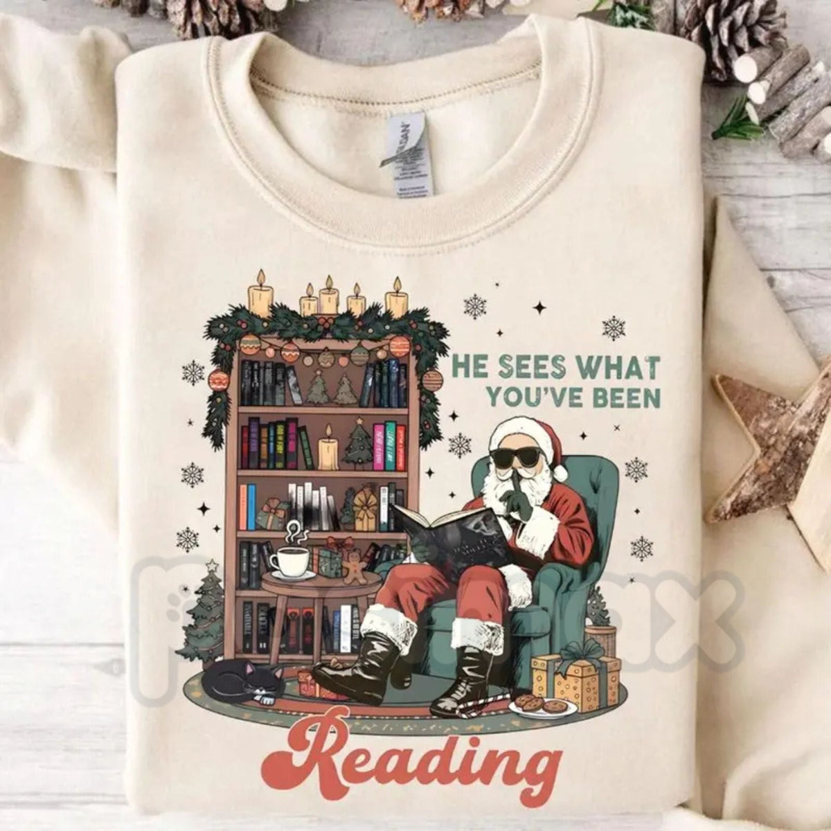 He Sees What You've Been Reading Shirt Sweatshirt | Funny Book Lover Holiday Jumper | Santa Surveillance Reading Gift