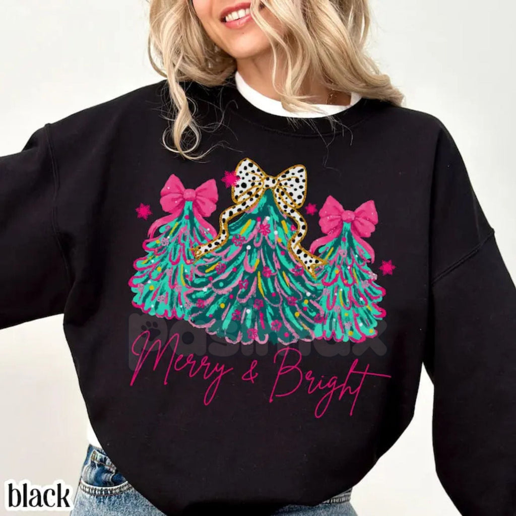 The Pink Christmas Aesthetic: "Merry & Bright" Tree Sweatshirt with Festive Lights & Bows