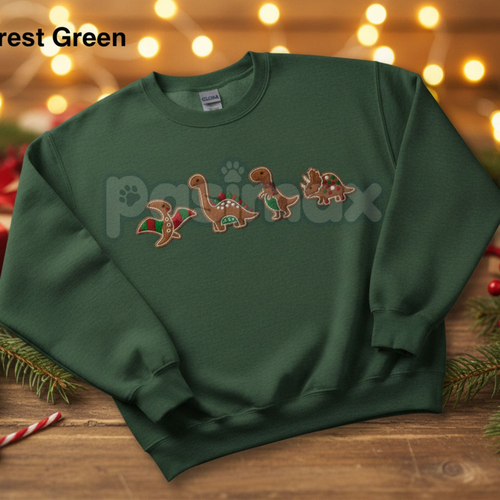 Gingerbread Dinosaur Christmas Embroidered Sweatshirt – Funny Holiday Crewneck