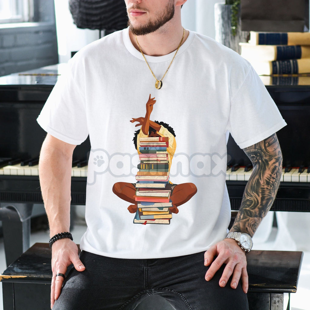 Black Woman and Books Stack T-Shirt - Afro Girl Book Lover Graphic Tee, Literary Culture Apparel, Unisex Black History