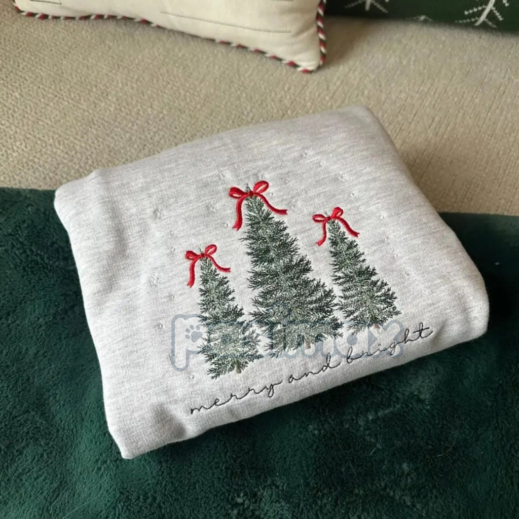 Merry & Bright Christmas Tree Embroidered Sweatshirt – Festive Holiday Crewneck