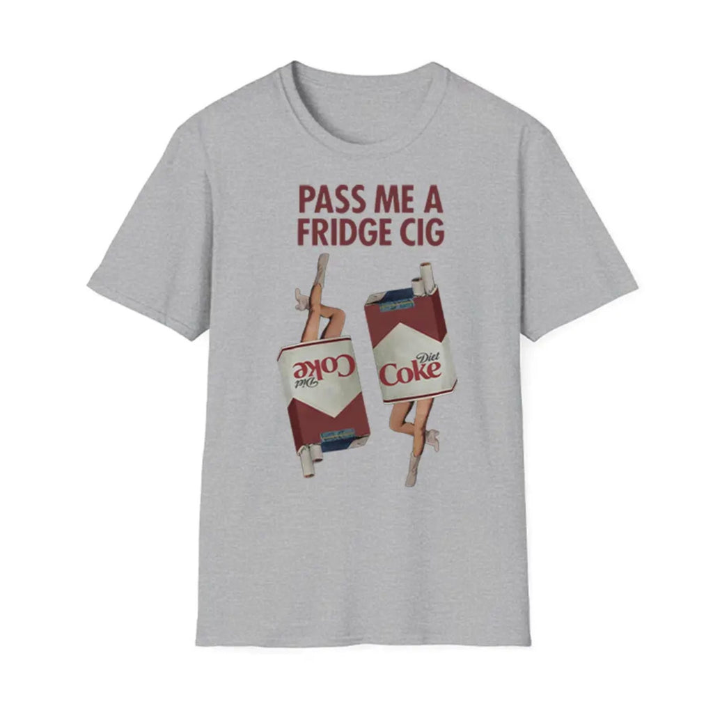 "Pass Me a Fridge Cig" Funny Graphic T-Shirt - Playful Retro Parody Tee, Unique Humor Apparel