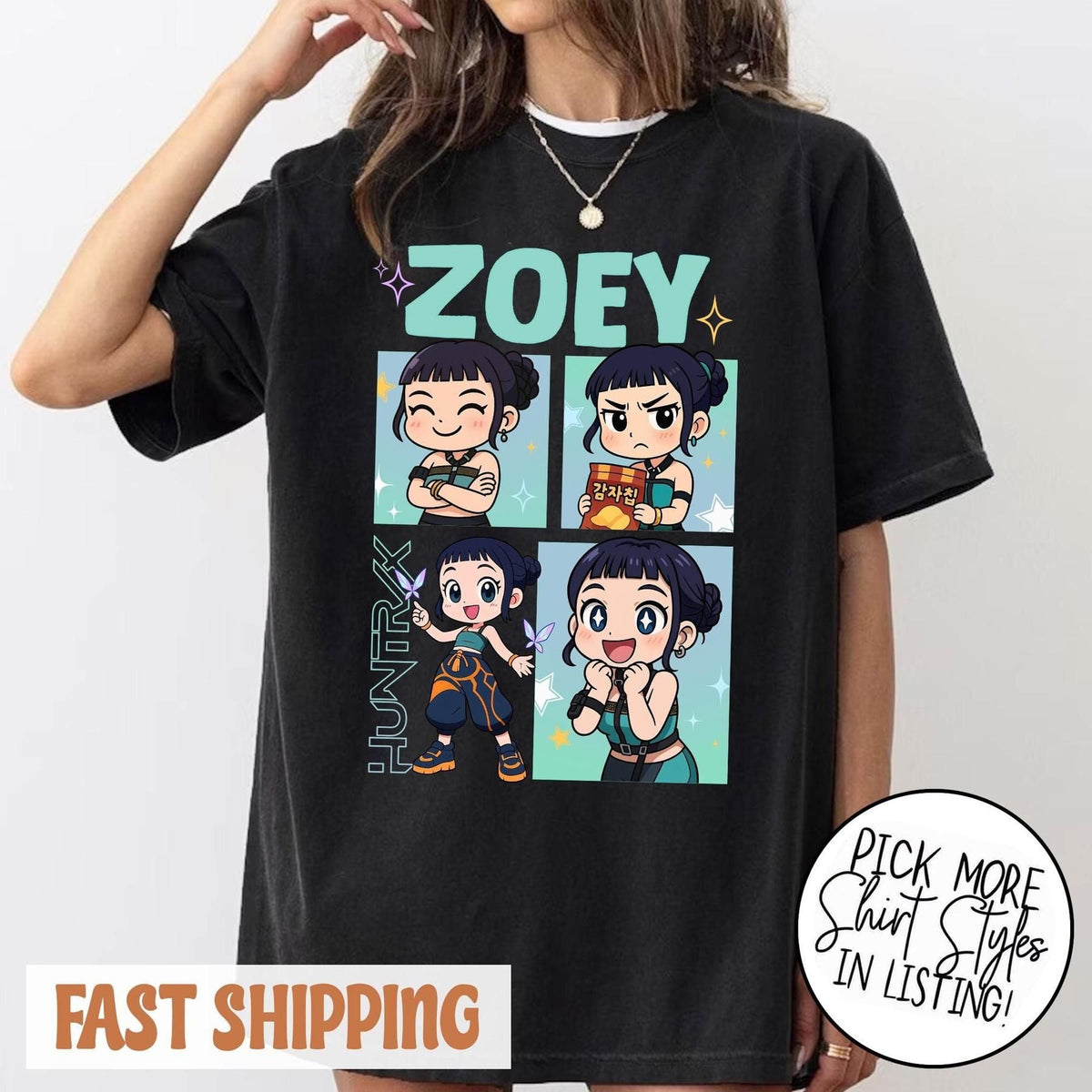 Huntrix Demon Hunter Zoey Chibi T-Shirt - K-Pop Demon Hunters Rumi Mira Joey Tee, Vintage Fan Merch Gift