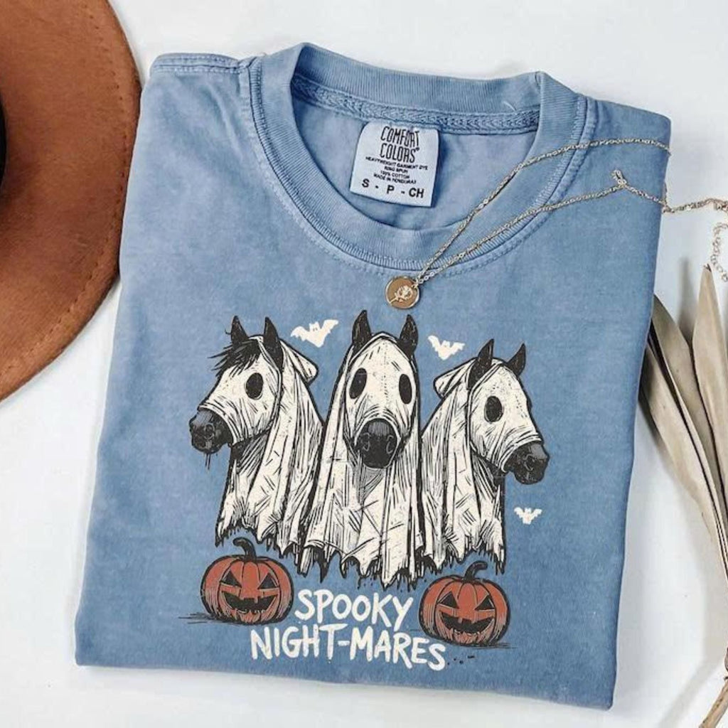 Comfort Colors Halloween Spooky Night-Mares Horse Shirt, Cute Ghost Horse Tee, Western Halloween Cowgirl Graphic T-Shirt, Fall Season Gift