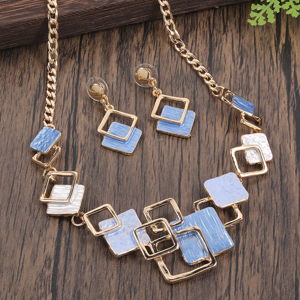 Necklace And Earrings Kit Zinc Alloy Geometric Square Color Oil Necklace Hollow Female