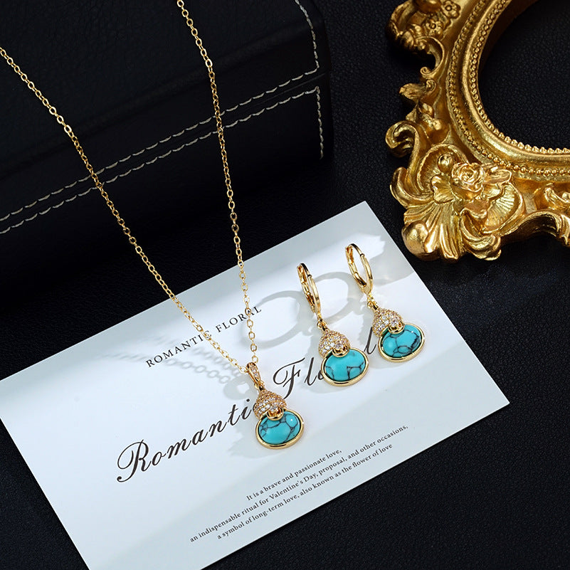 Retro Affordable Luxury Fashion Turquoise Gourd Earrings Premium Earrings And Necklace Set