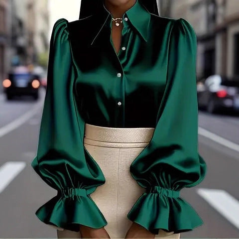 New Stylish Solid-colored Bubble Sleeve Long-sleeve Lapel Satin Shirt For Commuting