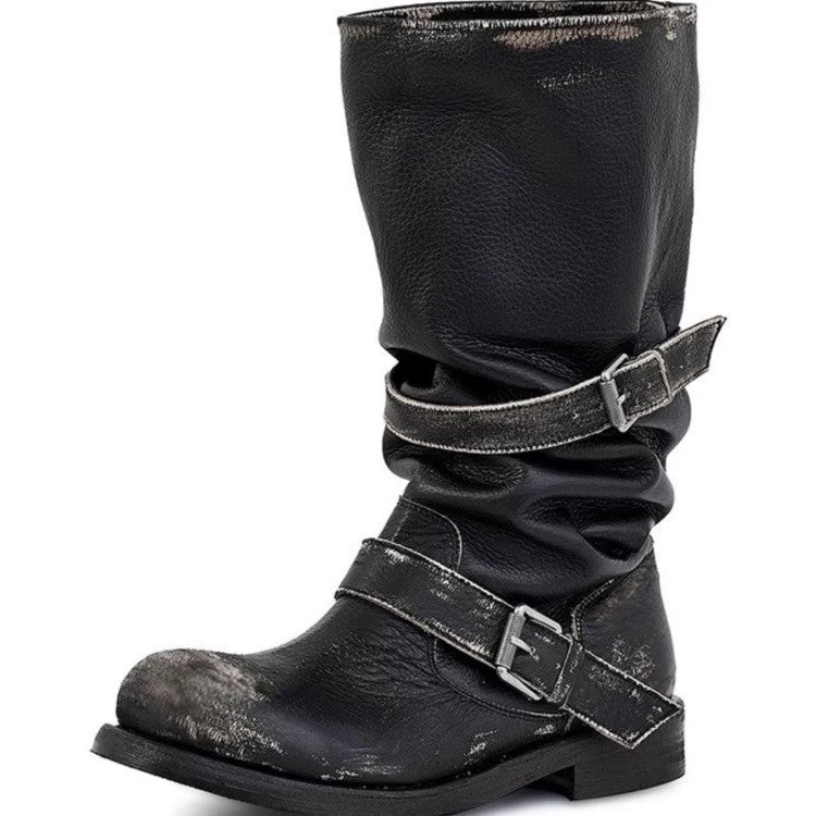 Chunky-heeled Vintage Distressed Mid-calf Boots Womens