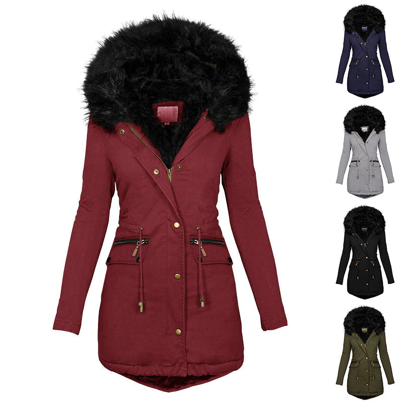 Women's Plush Hooded Parkas Winter Warm Thick  Zip-up Jackets Casual Mid-length Solid Buckle Pockets Coat Outerwear Clothing