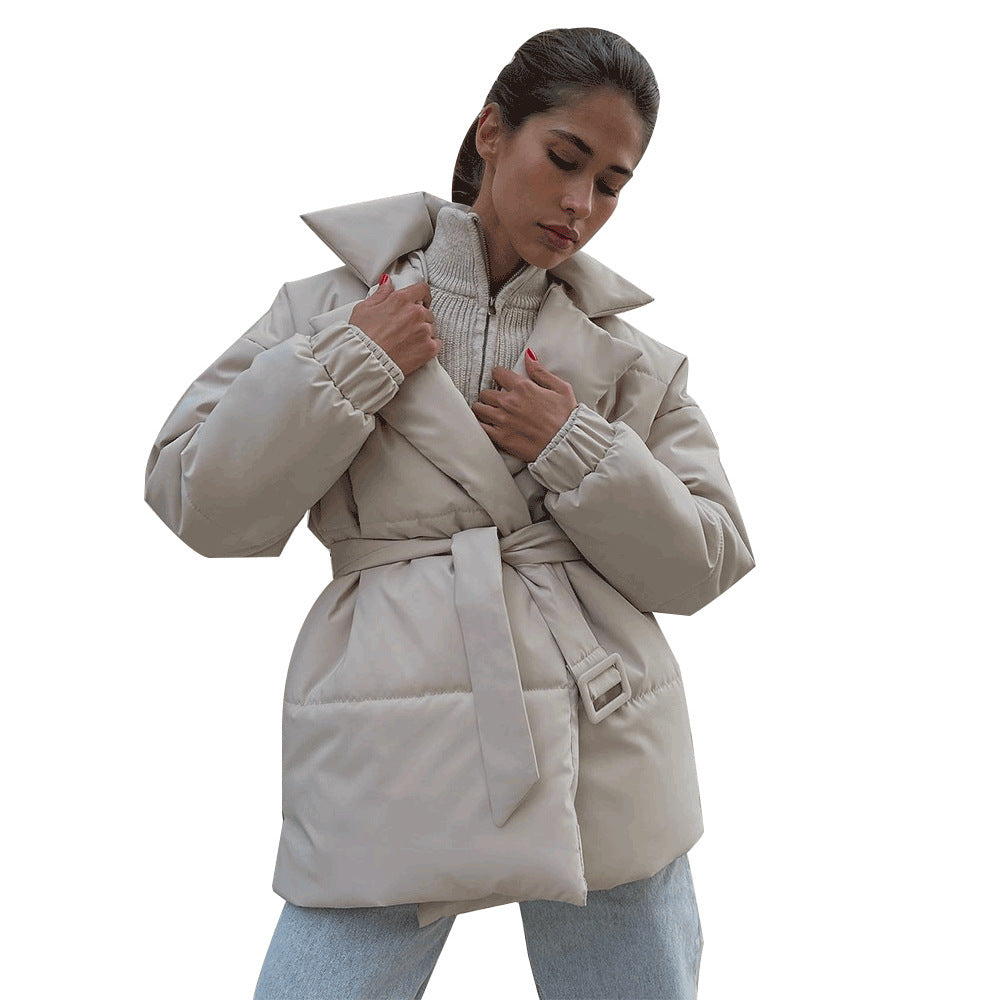 New Thickened Slimming Cinched Cotton-padded Coat Solid Color Belt Cotton Coat Jacket