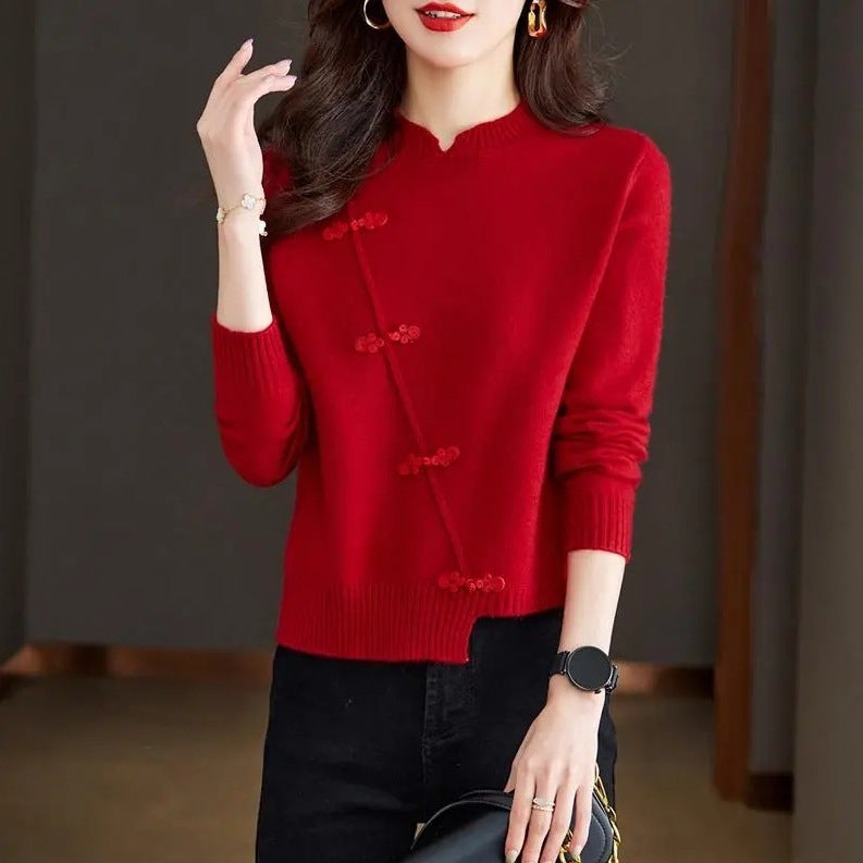 Red Thickened Knit Sweater New Irregular Temperament