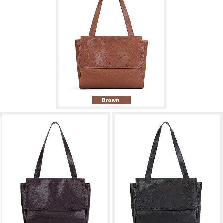 Solid Color Cowhide Tote Bag Simple Commute Shoulder Messenger Bag For Women