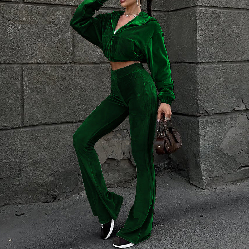 Women's Autumn New Casual Velvet High-Waist Top And Flared Pants Two-Piece Set