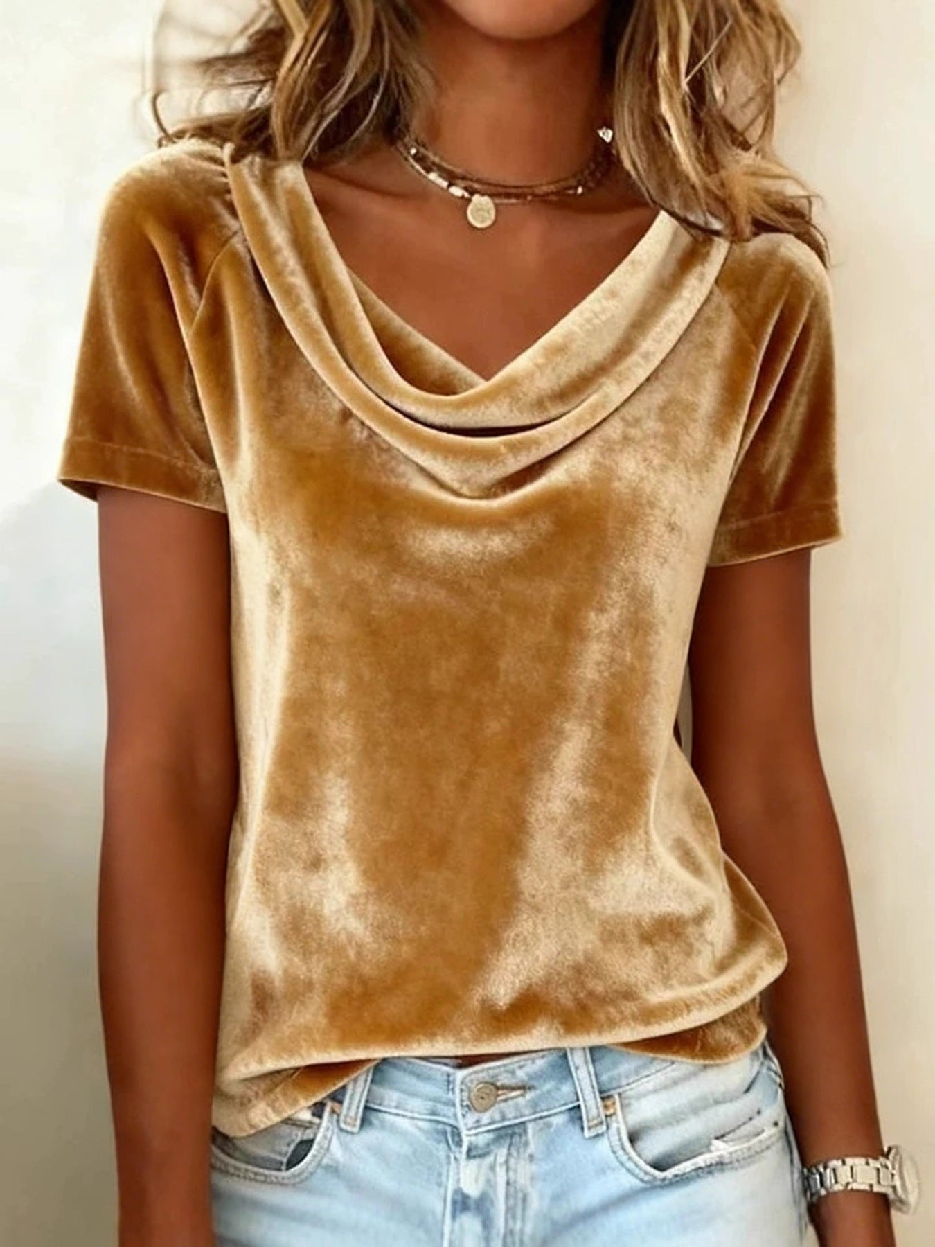 Womens New Solid-Colored Scoop-Neck Short-Sleeve Sexy Velvet T-Shirt