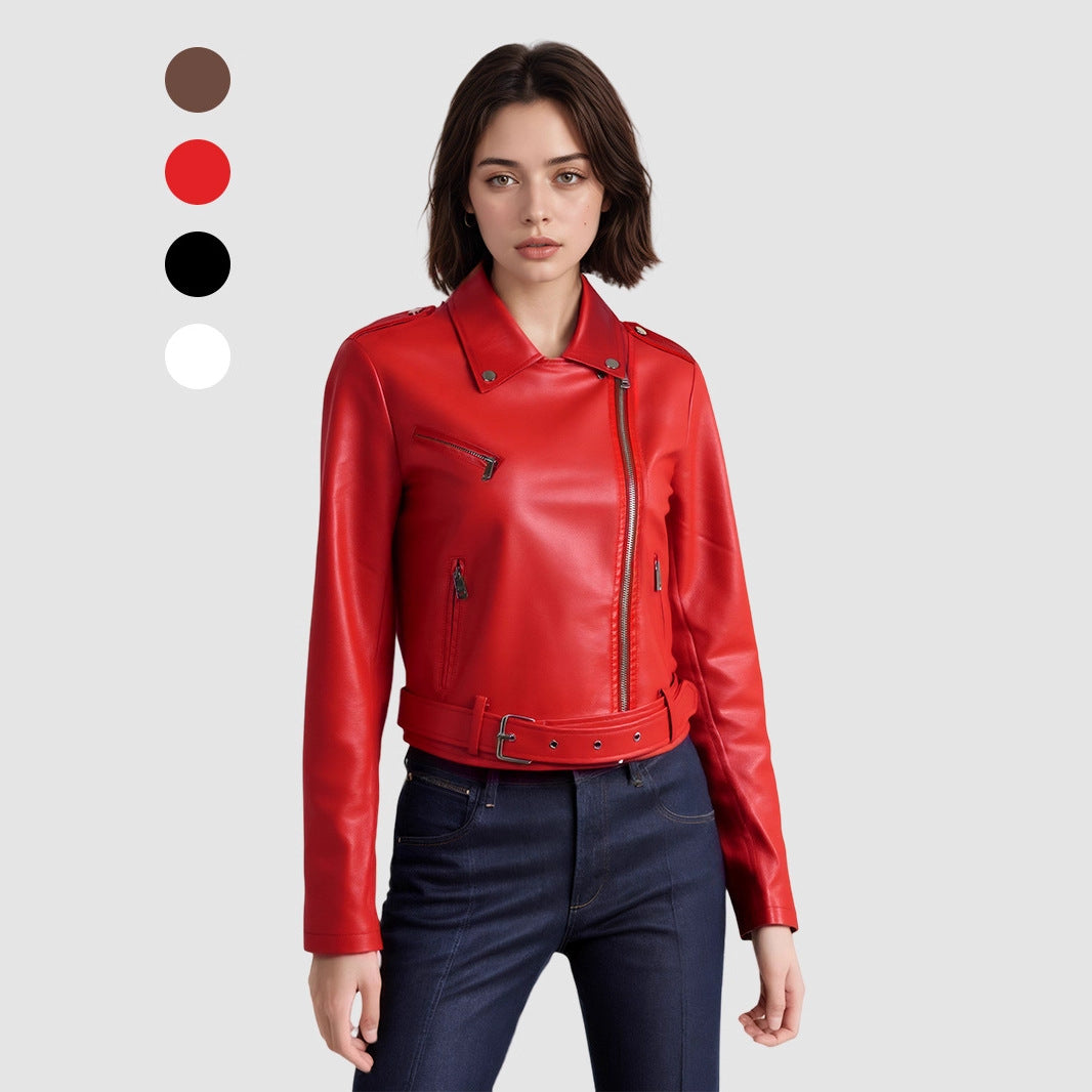 Lapel Short Belt Women's PU Simple Leather Jacket Motorcycle Jacket
