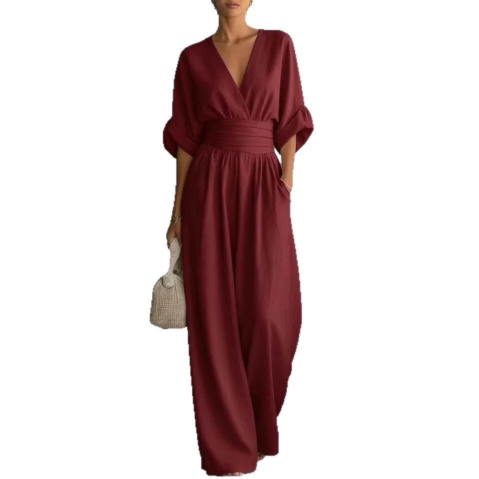 Waist-cinching V-neck Elegant Womens Jumpsuit