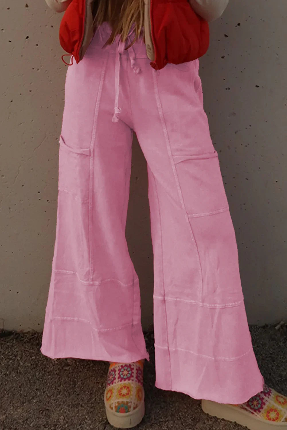 Black Mineral Wash Exposed Seam Wide Leg Cargo Pants