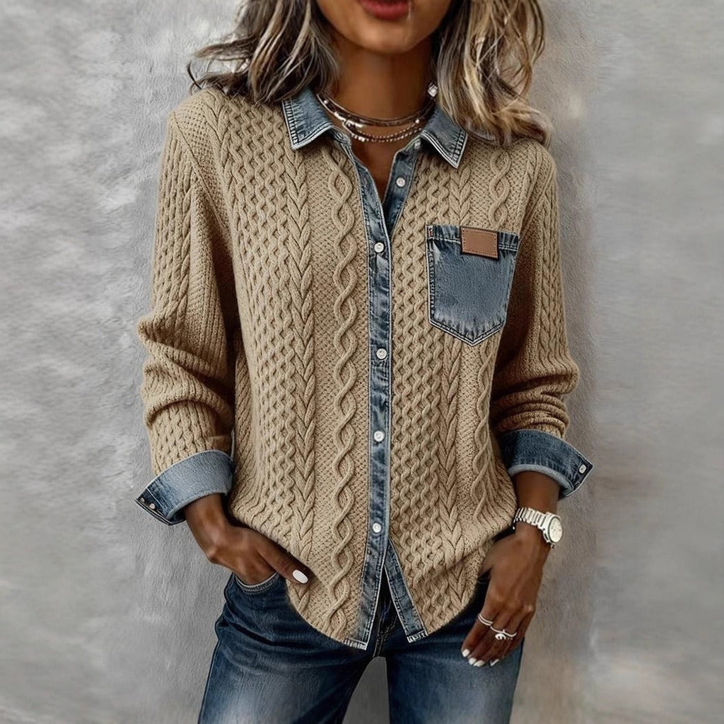 Women's Fashion Knit-and-jean Patchwork Shirt For Fall And Winter