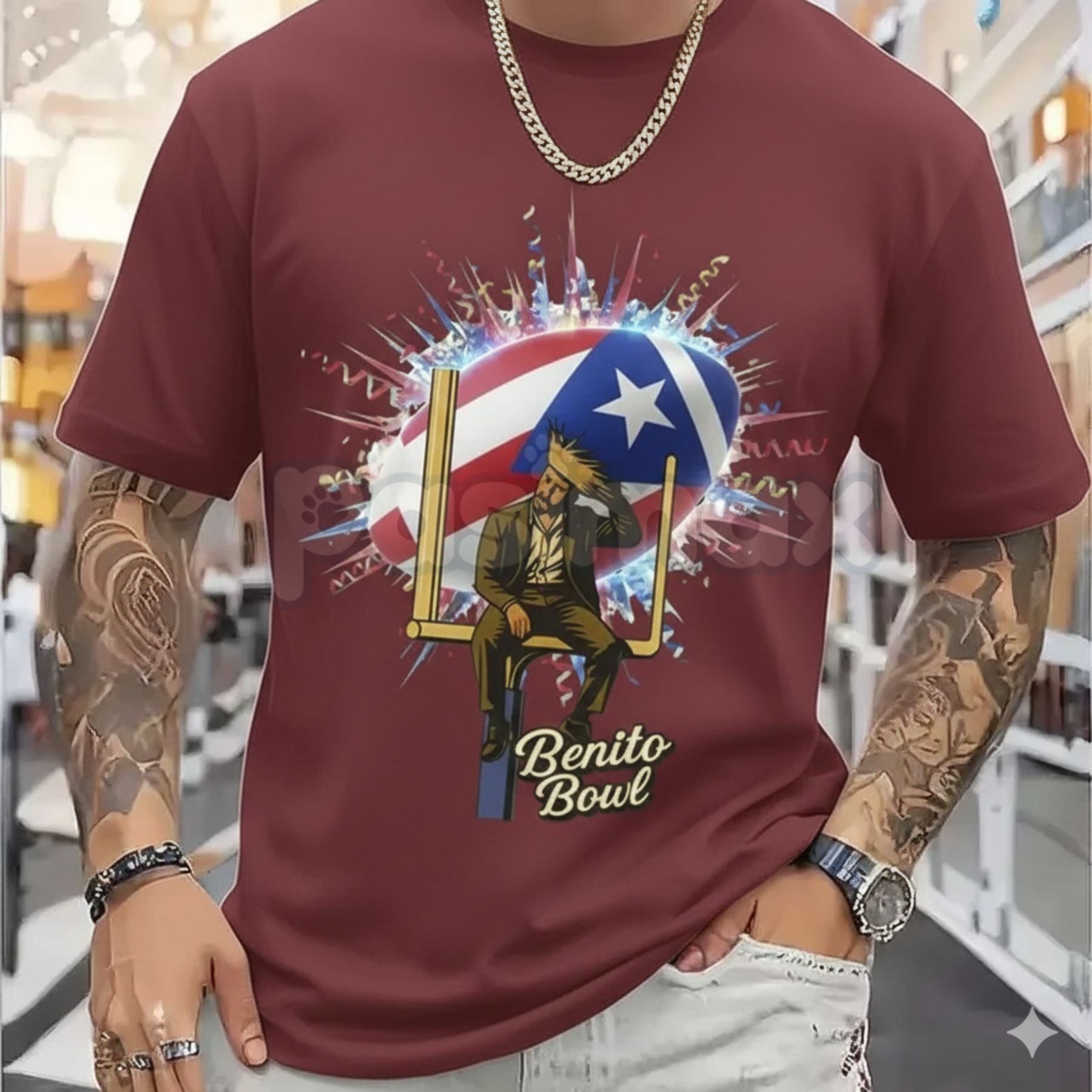 Unisex "Benito Bowl" Football Helmet Star T-Shirt - Bad Bunny Inspired Sports Graphic Tee, Premium Heavyweight Varsity Style Shirt, 100% Cotton Concert Apparel, Latin Urban Artist Football Top, Modern Streetwear Graphic Tee