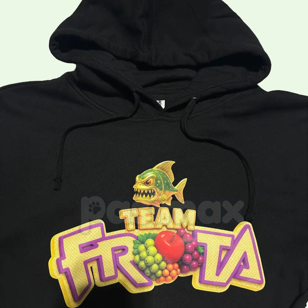 Team Fruta Hoodie – Black, Fruit Logo & Slogan "No Se Tienen Que Hay Piraña" Pullover, Medium Fit Casual Wear, Unisex